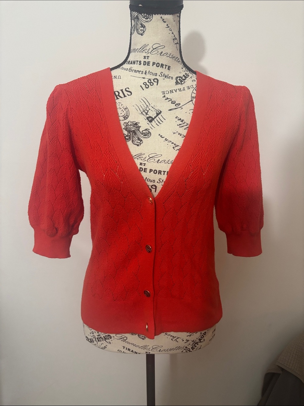Draper James RSVP Red V-Neck Short Sleeve Button Front Cardigan